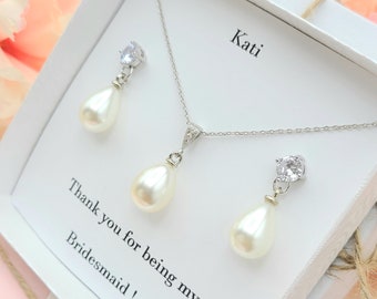 12MM Silver Pearl Teardrop Earring & Necklace Set. Cubic Zirconia Stud Earring with Teardrop Earring and Necklace Set. Bridesmaid,Mom gift.