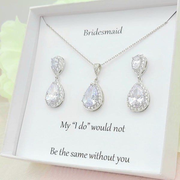 Bridesmaid Tears Drops  Necklace & Earring .Rose Gold CZ Tears Drops Necklace And Earring Set.  Gold, Silver CZ Bridesmaid Jewelry Set Gift.