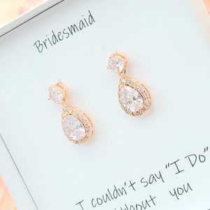 AAA Cubic Zirconia Tear drop Bridesmaid Earring. Rose Gold  CZ Round with Dangle Tear Drop Earring. Silver Tear Drop Earring.