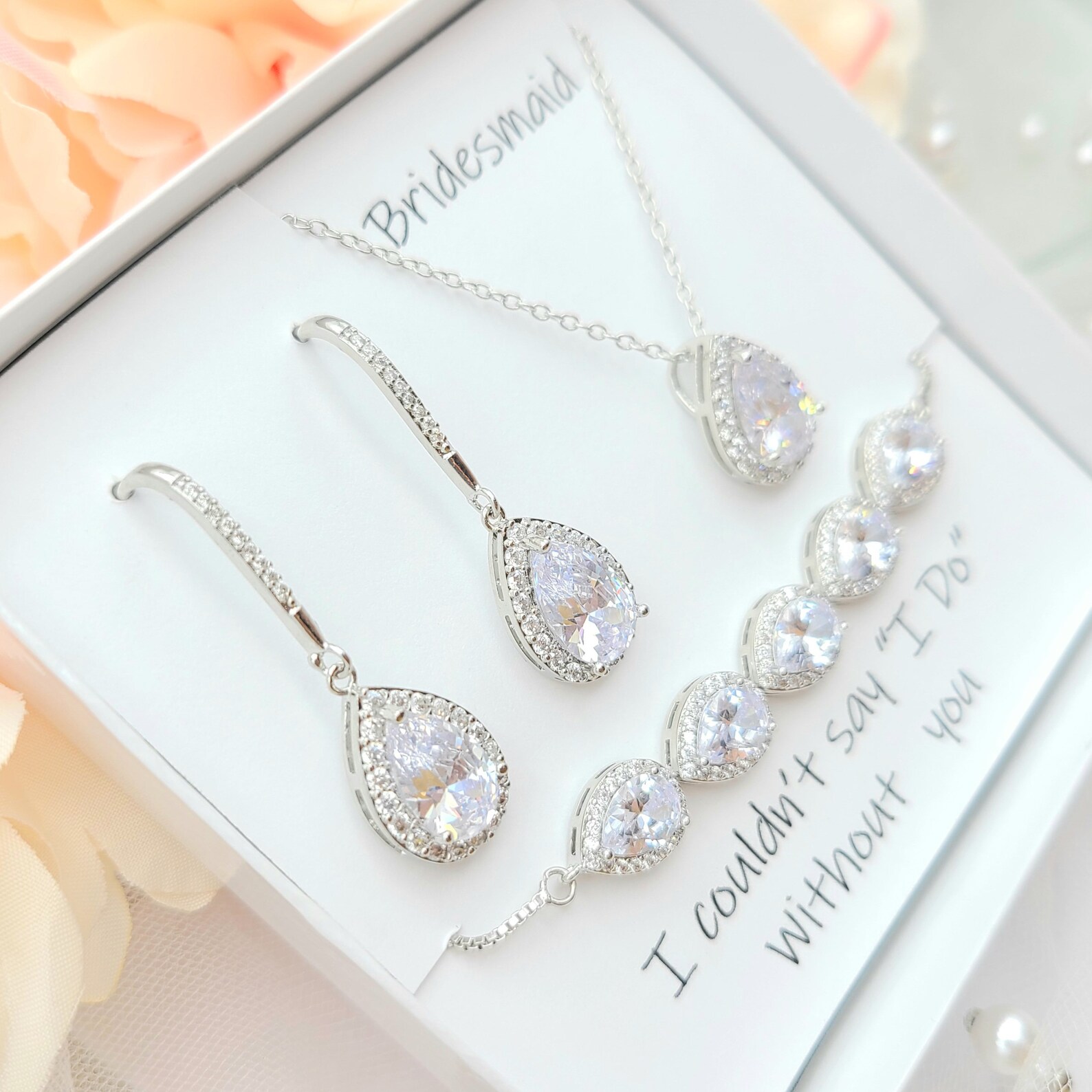 Silver Teardrop Necklace and Earring, Bracelet 3set .rose Gold Cubic