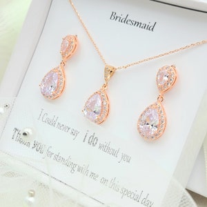 Rose Gold Double Tear Drop Necklace  Earring . Silver Cubic Zirconia  Tear Drop Necklace  Earring Set. Tear Drop  Bridesmaid Earring Set.