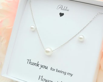 Conjunto de collar de perlas de niña de las flores. Juego de aretes de perlas para niña de las flores. Pendiente de perla de dama de honor, juego de collar. Regalo de dama de honor.