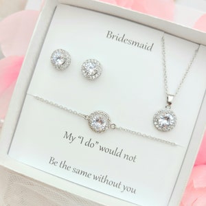 CZ Silver Halo Necklace and Earring ,Bracelet Set.  Silver CZ Round Earring, Necklace, Bracelet 3Set. Bridesmaid gift. Maid of Honor Gift.