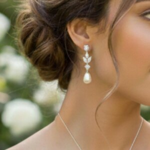 GOLD, SILVER Leaf with 10MM Teardrop Earring, Necklace, Bracelet 3Set. Bridesmaid Jewelry Set. Bridal Jewelry Set.-3colors image 2