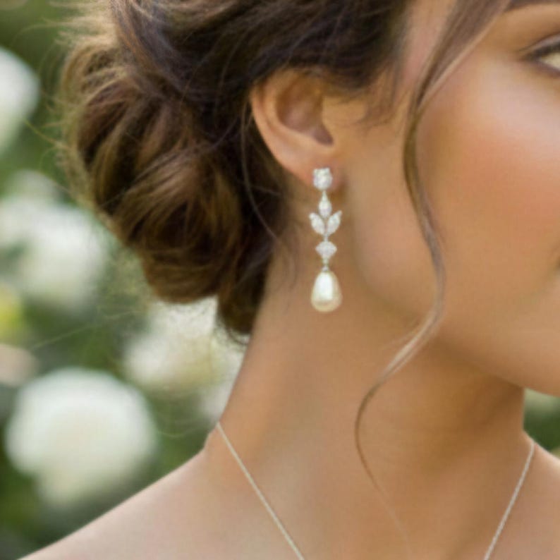 GOLD, SILVER Leaf with 10MM Teardrop Earring, Necklace, Bracelet 3Set. Bridesmaid Jewelry Set. Bridal Jewelry Set.-3colors image 2