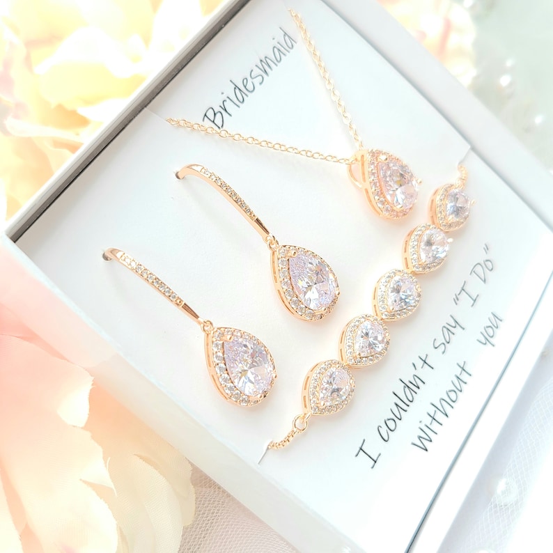 Silver Teardrop Necklace and Earring, Bracelet 3set .rose Gold Cubic