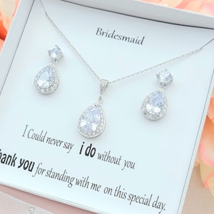 Silver  Cubic Zirconia Dagle Teardrop Earring,Necklace set. Silver Dangle Teardrop Earring and Necklace Set. Bridesmaid necklace Set.