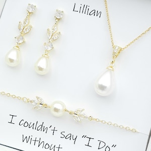 GOLD, SILVER Leaf with 10MM Teardrop Earring, Necklace, Bracelet 3Set. Bridesmaid Jewelry Set. Bridal Jewelry Set.-3colors image 6