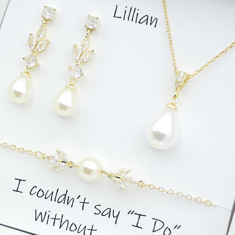 GOLD, SILVER Leaf with 10MM Teardrop Earring, Necklace, Bracelet 3Set. Bridesmaid Jewelry Set. Bridal Jewelry Set.-3colors image 6