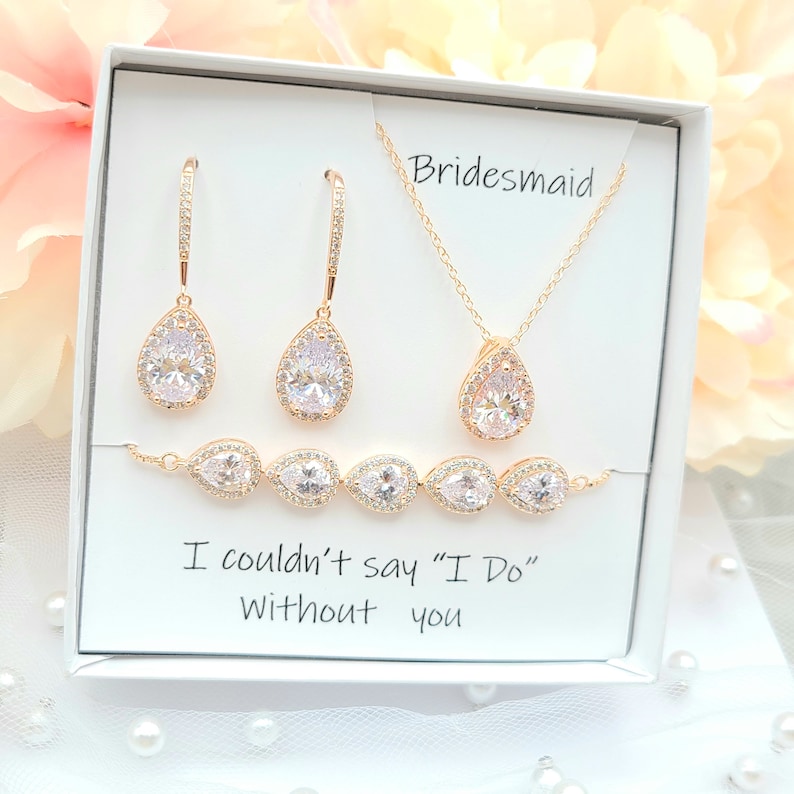 Silver Teardrop Necklace and Earring, Bracelet 3set .rose Gold Cubic