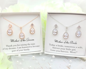 Mother of the Groom & Mother Of the Bride Jewelry Set. Rose gold Teardrop Necklace ,Earring Set.  Silver Bridesmaid Necklace, Earring Set.
