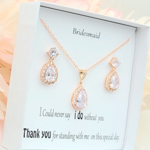 Rose gold Cubic Zirconia Dagle Teardrop Earring,Necklace set. Silver Dangle Teardrop Earring and Necklace Set. Bridesmaid necklace Set.