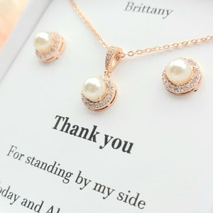 CZ Round Rose Gold Pearl Necklace Earring Set. Rose Gold  Pearl Round Necklace. Elegant Pearl Necklace Earring Set.