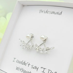 Pearl Earring Crawler. Silver Leaf with Pearl Earring Crawler. Cubic Zirconia Leaf Crawler.  Bridesmaid Earring. Bridesmaid Crawler earring.