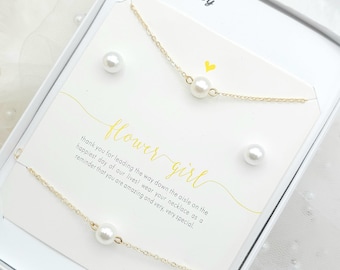 Conjunto de collar y pulsera con pendientes de plata 925 y collar de perlas para niña de las flores. Conjunto de collar y pulsera con pendientes de perlas para niña de las flores. - Oro, plata