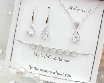 925 Ear Hook  Clear Tear Drop Earring  Necklace, Bracelet 3set. Minimalist Teardrop Bridesmaid Jewelry 3Set . Bridesmaid Jewelry – 3 Colors
