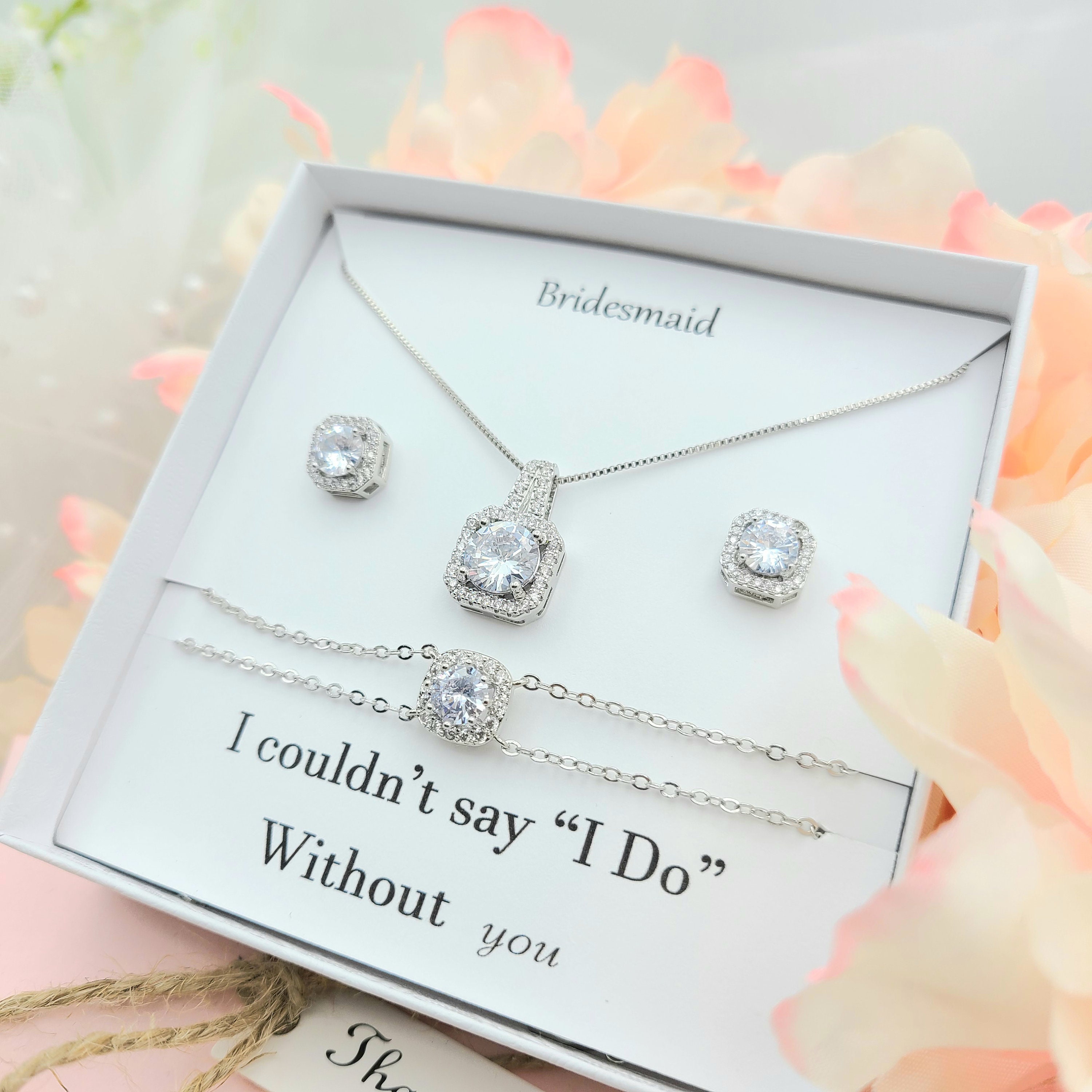 Silver Cubic Zirconia Necklace, Earring, bracelet Set. Square Cubic…
