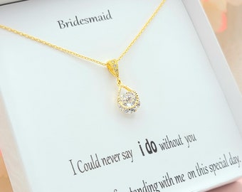 Clear gold Teardrop necklace. Bridesmaid Teardrop necklace gift. Gold Teardrop Necklace. Flower Girl Necklace.