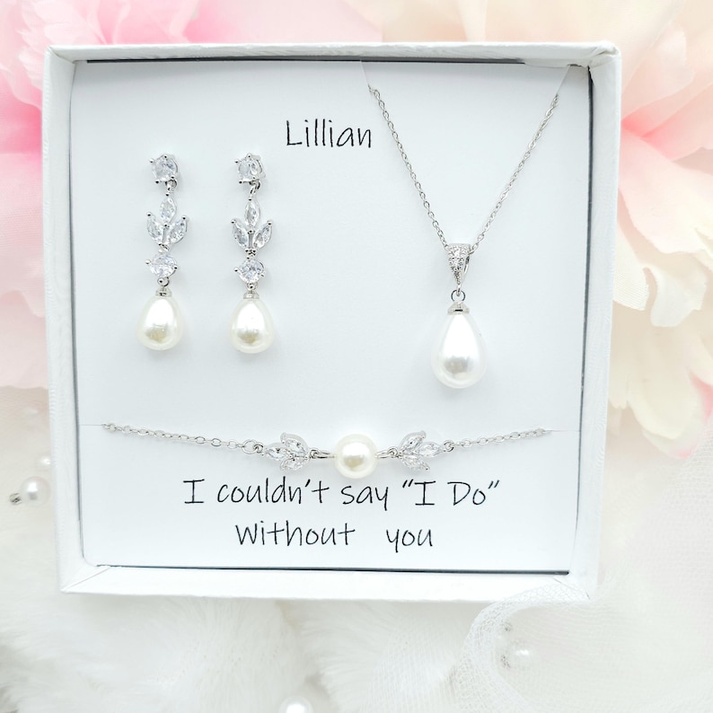 GOLD, SILVER Leaf with 10MM Teardrop Earring, Necklace, Bracelet 3Set. Bridesmaid Jewelry Set. Bridal Jewelry Set.-3colors image 4