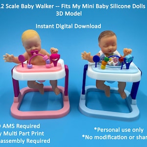 May include: Two 1:12 scale baby walkers for miniature dolls, one pink and one light blue, each featuring a tray with colorful beads and a small doll. Text reads: 1:12 Scale Baby Walker -- Fits My Mini Baby Silicone Dolls 3D Model, Instant Digital Download.