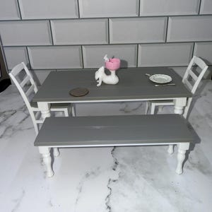 Dollhouse Miniature Gray and White Farmhouse Table with Chairs and Bench