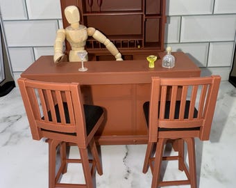 Dollhouse Miniature Pub Table Set - Wooden Bar Counter With Chairs, Wine Bottle & Magazine For 1:12 Scale