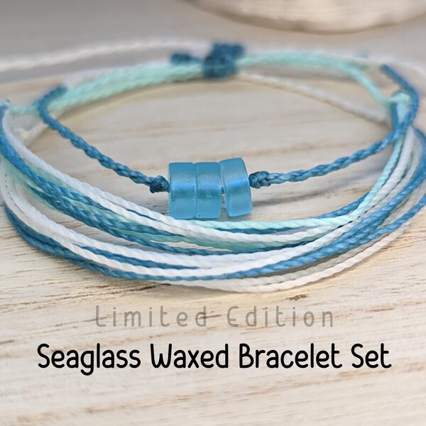 Adjustable Seaglass Waxed Cord Bracelet Unique Bohemian Pura Vida Inspired, Limited Edition Friendship Stackable Boho Coastal Jewelry Gifts