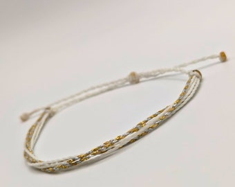Handmade White & Gold String Bracelet: Adjustable Waterproof Anklet