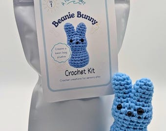 Crochet Sensory Kit for Anxiety Relief - Beanie Bunny BLUE | Beginner Crochet DIY Set | Mindful Fidget Toy & Stress Relief Gift