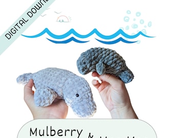 Patrón de crochet para el manatí de Florida Mulberry y Moo Moo, descarga digital, amigurumi, peluches tradicionales costeros, tutorial DIY, lindo y hecho a mano.