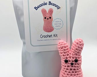 Crochet Sensory Kit for Anxiety Relief - Beanie Bunny PINK | Beginner Crochet DIY Set | Mindful Fidget Toy & Stress Relief Gift