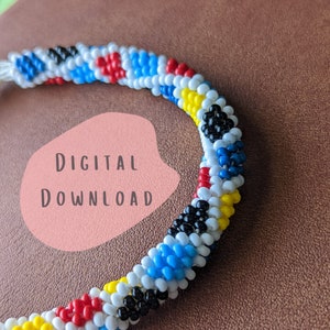 May include: A colourful beaded bracelet with a repeating pattern of red, white, blue, black, and yellow beads. The bracelet is coiled and the beads are small and tightly woven together. The text "DIGITAL DOWNLOAD" is written on a pink background.