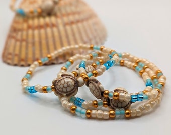Sea Turtle Stretch Bracelet: Toho Glass Beads, Coastal Beach Jewelry