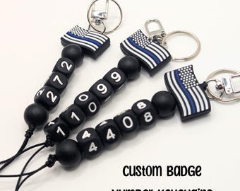 Personalized Thin Blue Line Keychain: Silicone Beaded Badge Number Keyring