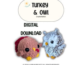 Tacchino e gufo / Modello all'uncinetto per uccelli senza cuciture, download digitale, tutorial per amigurumi per principianti, design stagionali e regali