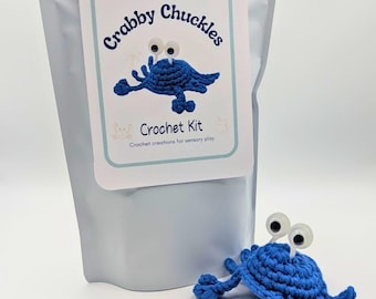 Crochet Sensory Kit for Anxiety Relief - Crabby Chuckles BLUE | Beginner Crochet DIY Set | Mindful Fidget Toy & Stress Relief Gift