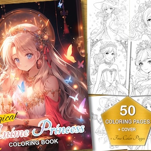 Magical Anime Princess Coloring Book for Kids + Adults, 50 Fantasy Pages, Enchanting Art with 5 Bonus Color Pages, Instant Digital Download