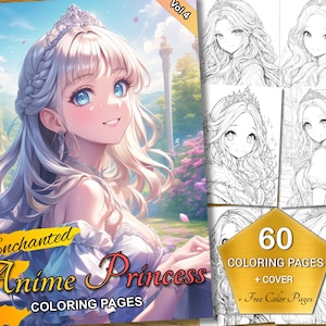 Enchanted Anime Princess Coloring Pages Vol 4 - 60 Beautiful Designs, for Kids + Adults, Printable Fantasy PDF, Free Color Art Included
