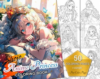 Shojo Anime Princess Malbuch - 8,5 &quot;x 11&quot; digitaler Download, 50 Seiten für Kinder & Erwachsene + 10 Bonus Seiten zum Ausmalen