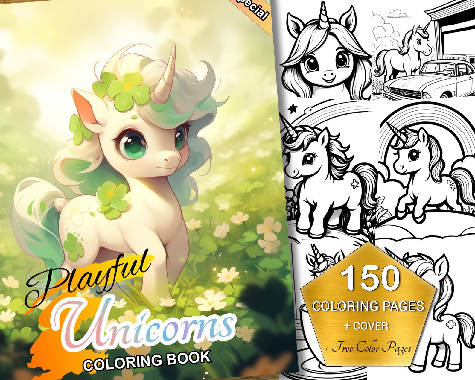 Spezielles Verspieltes Einhörner Malbuch - 150 Seiten PDF zum ausdrucken mit Bonus farbigen Seiten - Kinder Fantasy Art