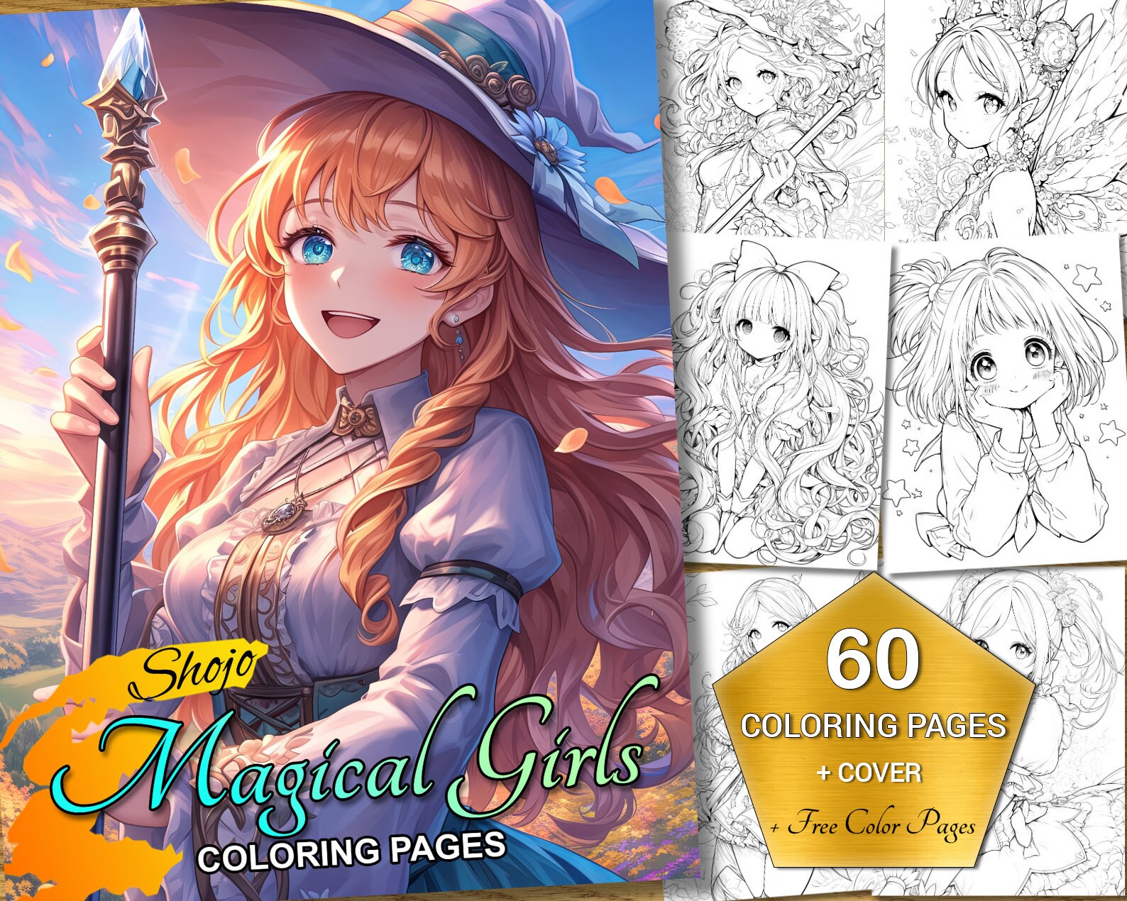 Shojo Magical Girls Coloring Pages - 60 Printable Anime Pages, Full Color Cover, Japanese Manga ...