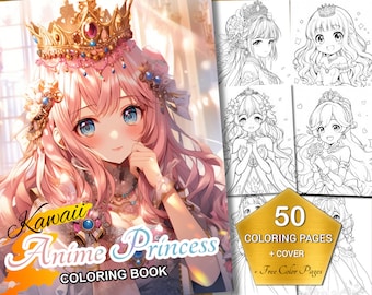 Kawaii Anime Prinzessinnen Malbuch - Druckbares PDF, 50 Seiten für Kinder und Erwachsene + 10 Bonus-Seiten in Farbe