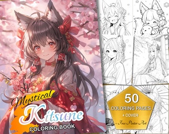 Mystisches Kitsune Malbuch - Sofort Download mit kostenlosen Poster Art, druckbare Fantasy Line Art für Kinder und Erwachsene, 50 Illustrationen