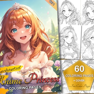 Enchanted Anime Princess Coloring Pages Vol 1 - 60 Beautiful Designs, for Kids + Adults, Printable Fantasy PDF, Free Color Art Included