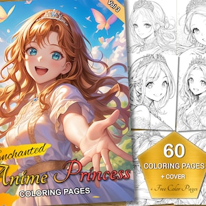 Enchanted Anime Princess Coloring Pages Vol 3 - 60 Beautiful Designs, for Kids + Adults, Printable Fantasy PDF, Free Color Art Included