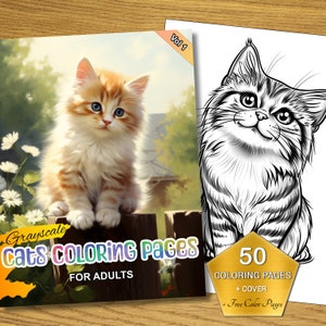 Grayscale Cats Coloring Pages for Adults Vol1 - Sophisticated Feline Art, Printable PDF, 50 Shades of Cats, Full Cover + 5 Bonus Color Pages