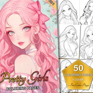 Pretty Girls Coloring Pages Vol1 - 50 Elegant Portraits for Adult & Kid Artists, Downloadable Stylish Illustration Book