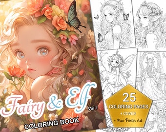 Feen und Elfen Malbuch Vol 1 - Sofortiger Download mit kostenloser Posterkunst, druckbare Fantasy Line Art, 25 Illustrationen für Kinder und Erwachsene