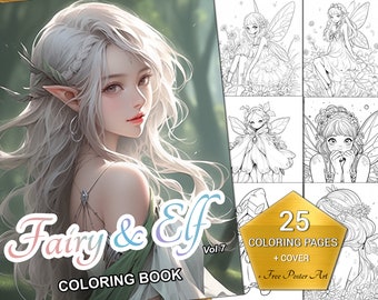 Fairy and Elf Coloring Book Vol 7 - Instant Download with Free Poster Art, Printable Fantasy Line Art for Kids and Adults, 25 Illustrations