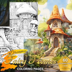 Dreamy Fairy Homes Coloring Pages Vol 1 - Enchanting Grayscale Fantasy Art for Adults, Plus 5 Bonus Pages, Instant Download PDF